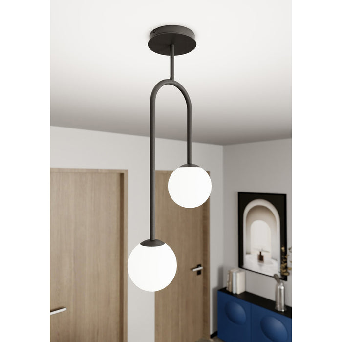Lampada A Soffitto 2 Luci Kine In Acciaio Nero E Sfere In Vetro Opale