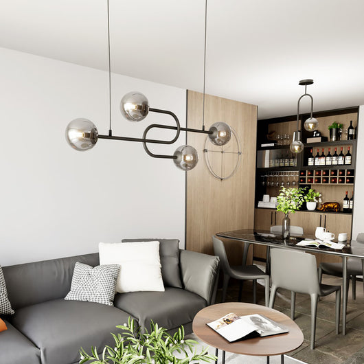 Lampadario 4 Luci Kine In Acciaio Nero E Sfere In Vetro Fumè