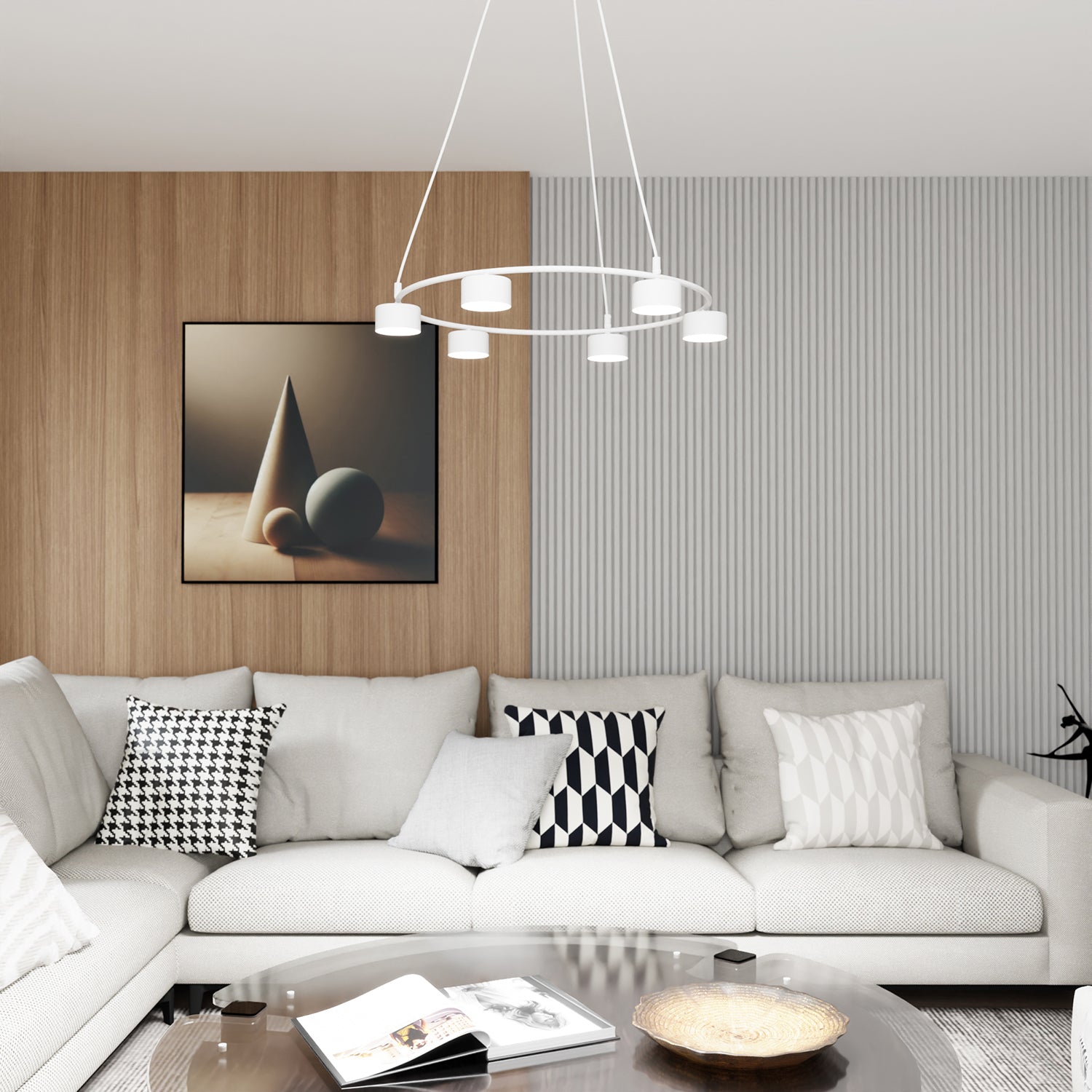 Lampadario Moderno 6 Luci Odin In Acciaio Bianco Ad Anello E Cilindri