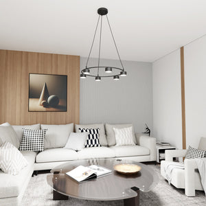 Lampadario Moderno 6 Luci Odin In Acciaio Nero Ad Anello E Cilindri