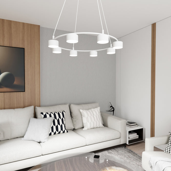 Lampadario Moderno 8 Luci Odin In Acciaio Bianco Ad Anello E Cilindri