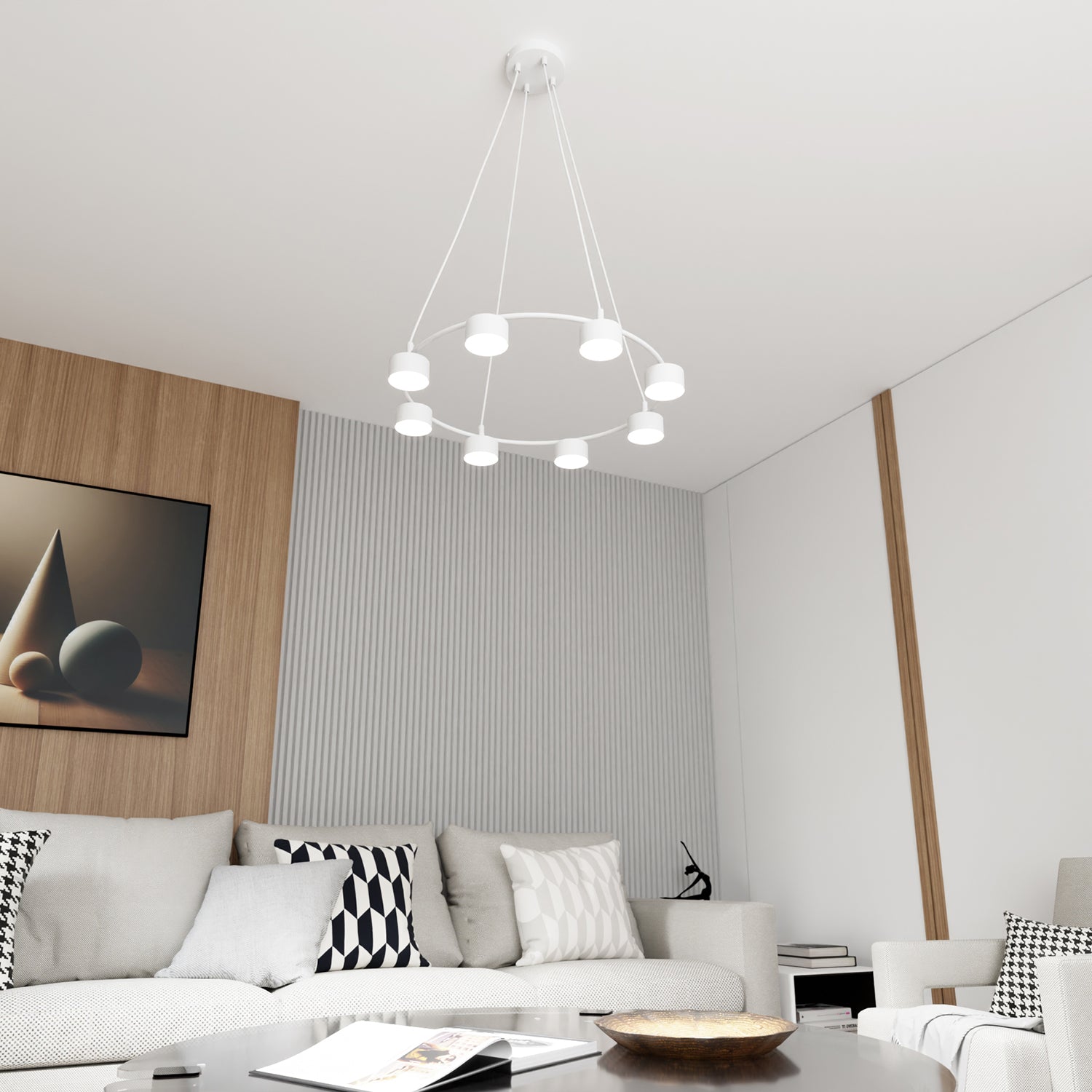 Lampadario Moderno 8 Luci Odin In Acciaio Bianco Ad Anello E Cilindri