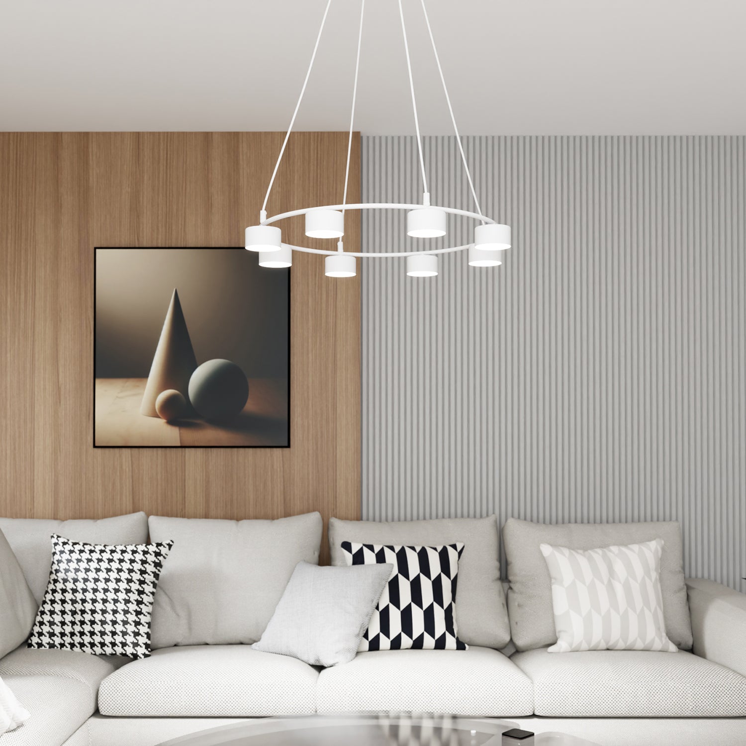 Lampadario Moderno 8 Luci Odin In Acciaio Bianco Ad Anello E Cilindri
