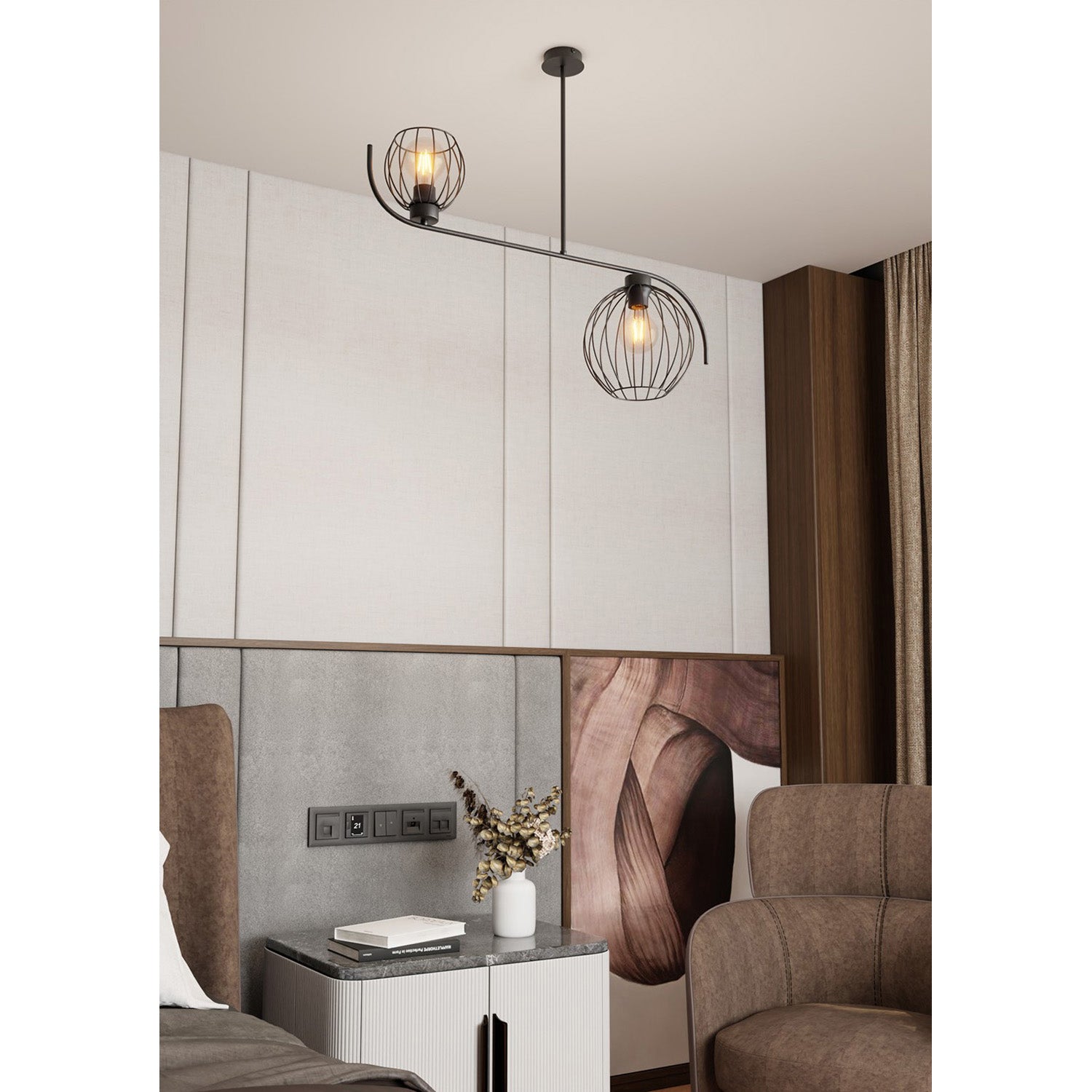 Lampadario Industrial 2 Luci Tyr In Acciaio Nero Paralumi A Gabbia