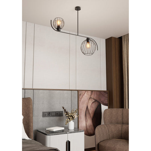 Lampadario Industrial 2 Luci Tyr In Acciaio Nero Paralumi A Gabbia