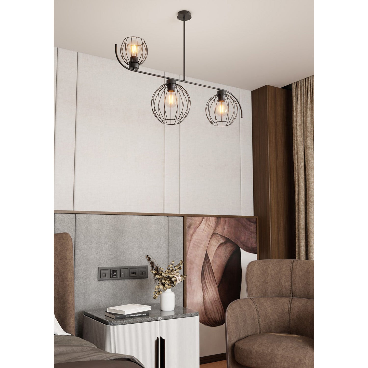 Lampadario Industrial 3 Luci Tyr In Acciaio Nero Paralumi A Gabbia