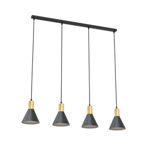 Lampadario 4 Luci Heimdall In Acciaio Nero E Paralumi Conici Nero E Oro