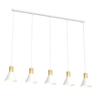 Lampadario 5 Luci Heimdall In Acciaio Bianco E Paralumi Conici Bianco E Oro