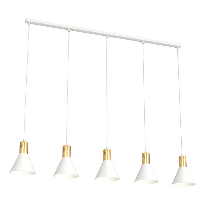 Lampadario 5 Luci Heimdall In Acciaio Bianco E Paralumi Conici Bianco E Oro