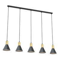 Lampadario 5 Luci Heimdall In Acciaio Nero E Paralumi Conici Nero E Oro