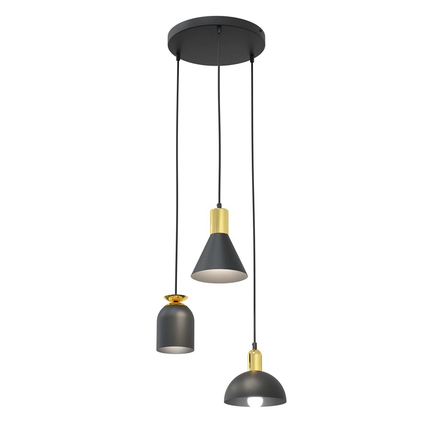 Lampadario 3 Luci Bragi Base Tonda In Acciaio Nero E Paralumi Forme Varie Nero Oro