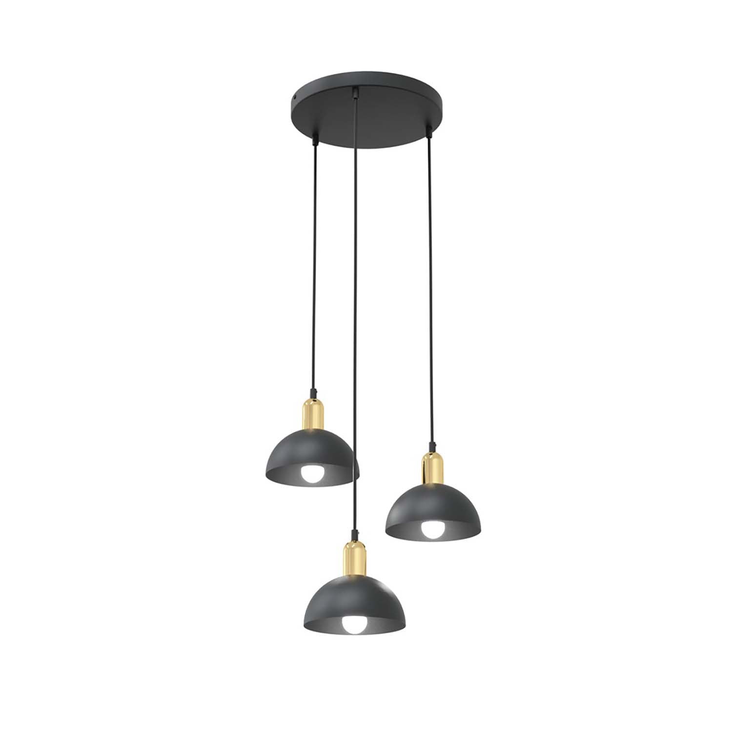 Lampadario 3 Luci Idunn Base Tonda In Acciaio Nero E Oro Diffusori A Cupola