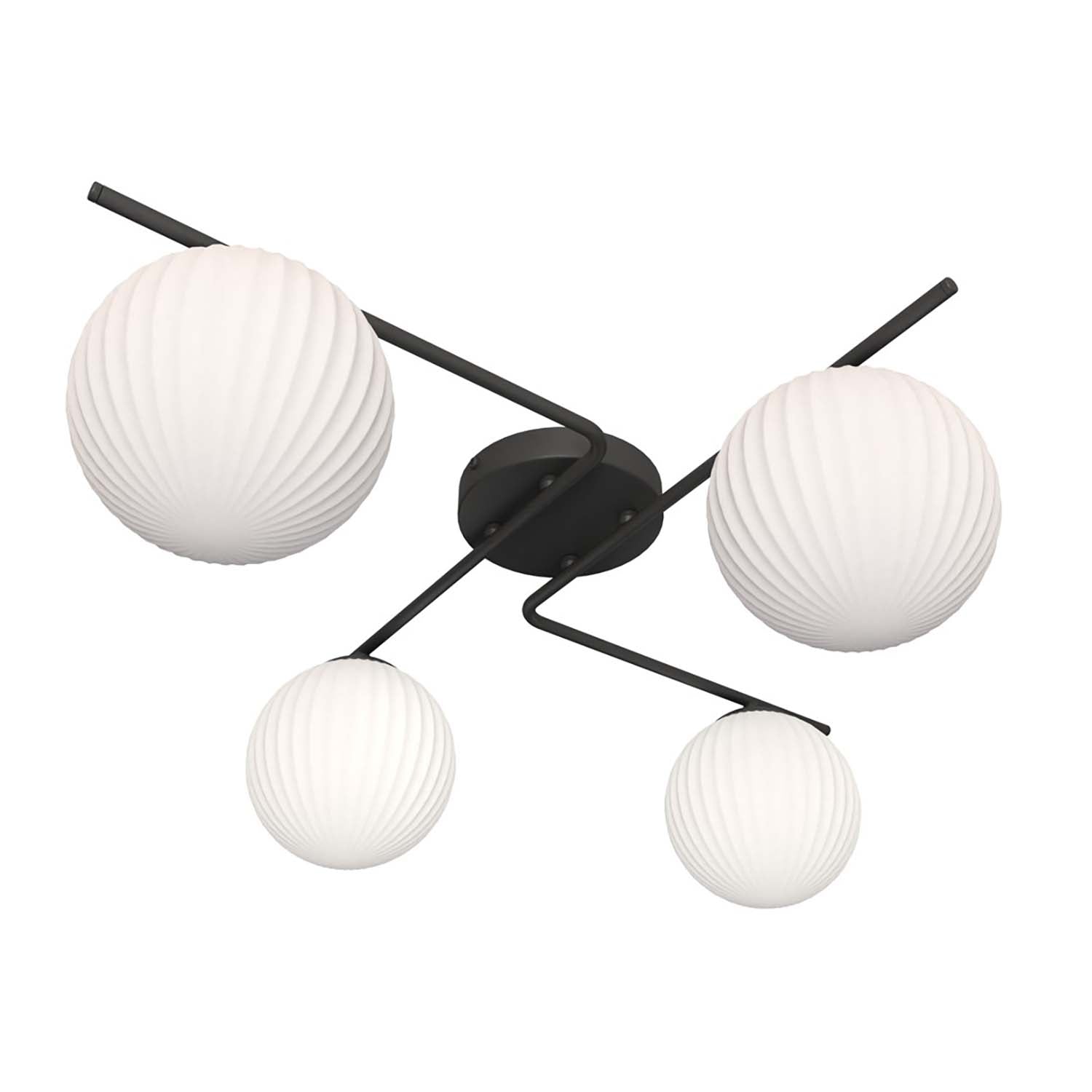 Plafoniera Moderna 4 Luci Ra Acciaio Nero E Diffusori In Vetro Rigato Opale