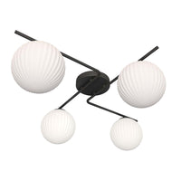 Plafoniera Moderna 4 Luci Ra Acciaio Nero E Diffusori In Vetro Rigato Opale