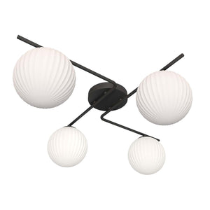 Plafoniera Moderna 4 Luci Ra Acciaio Nero E Diffusori In Vetro Rigato Opale