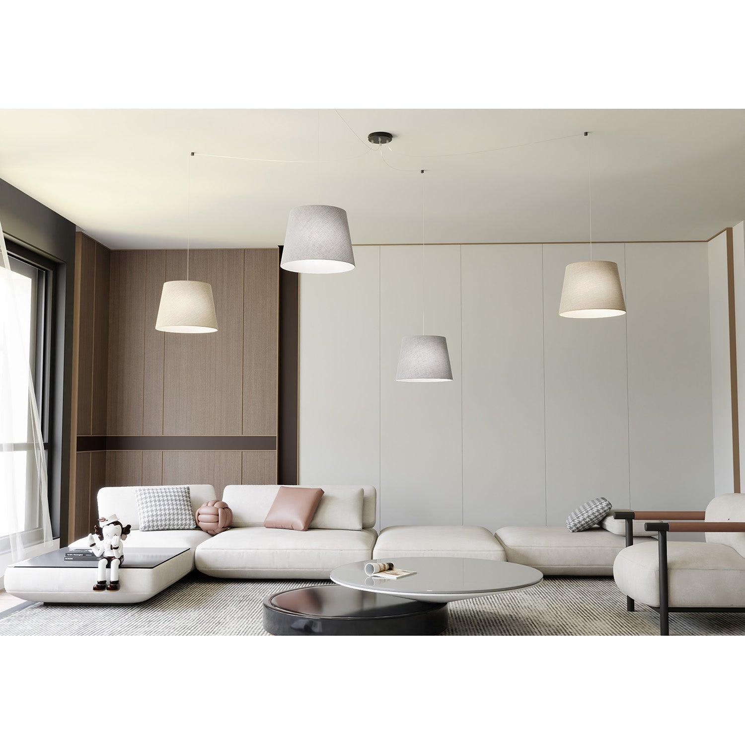 Sospensione 4 Luci Iside Con Fermacavi E Paralumi Grigio E Beige
