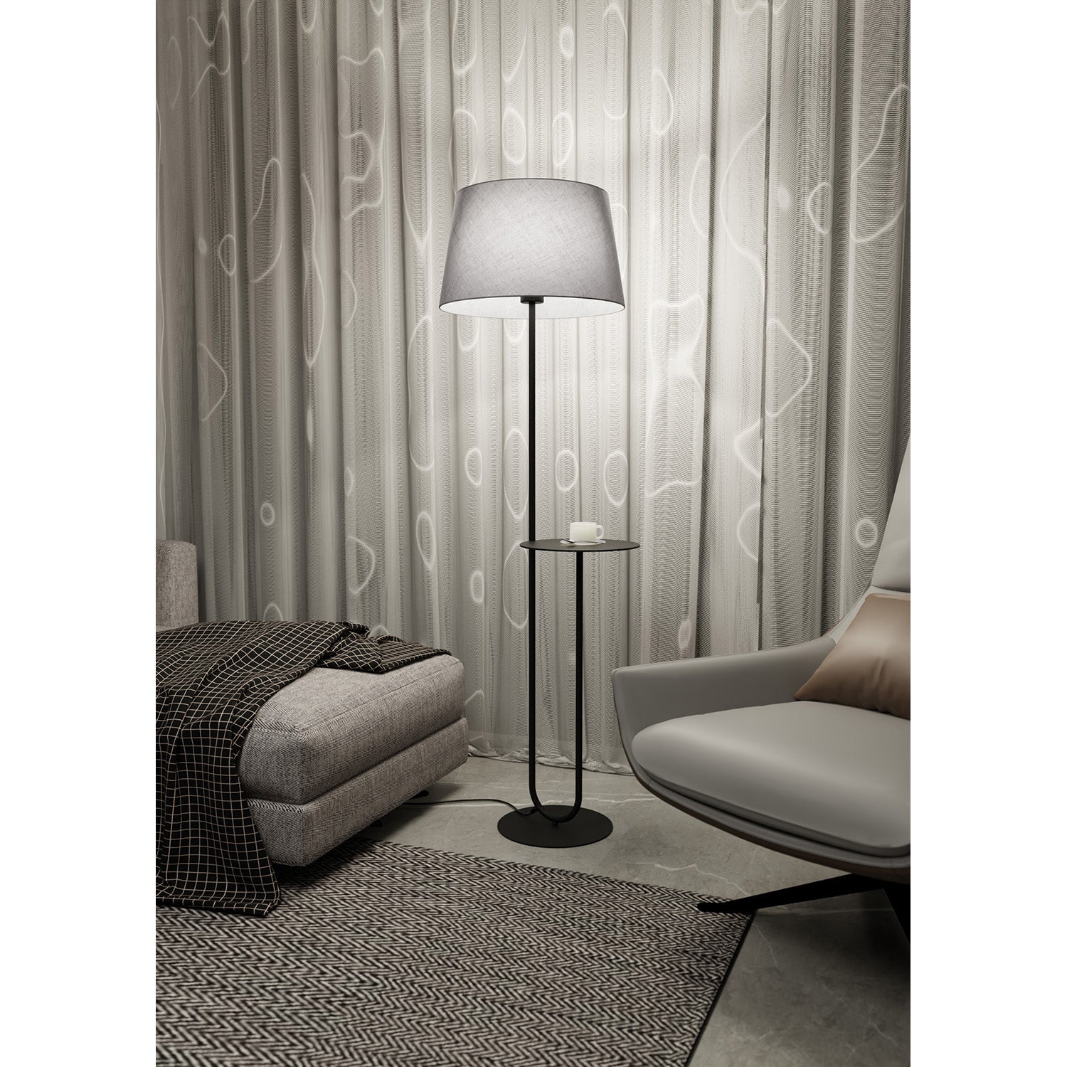 Piantana 1 Luce Horus Paralume In Tessuto Grigio Con Mensola In Acciaio Nero