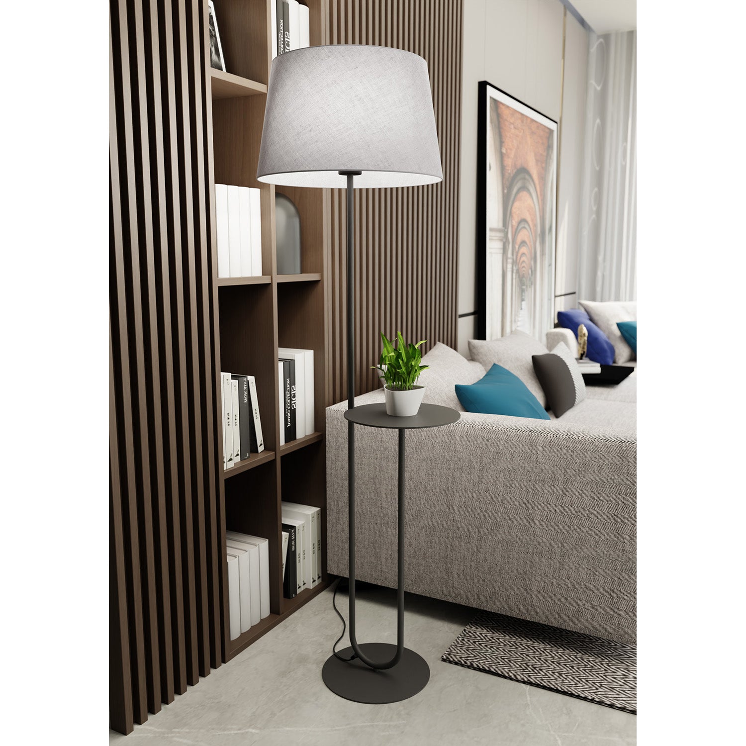 Piantana 1 Luce Horus Paralume In Tessuto Grigio Con Mensola In Acciaio Nero