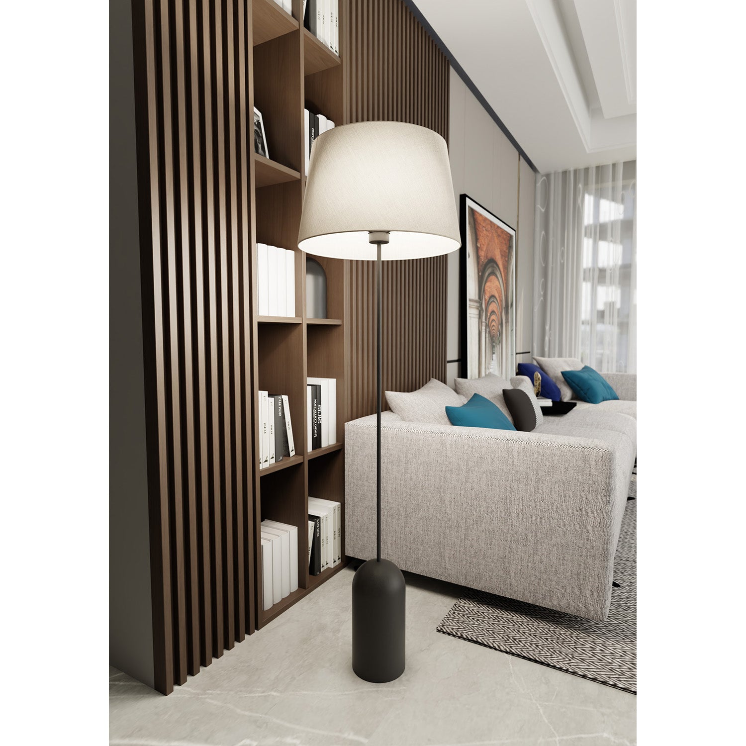 Piantana 1 Luce Anubi Paralume In Tessuto Beige Con Base In Acciaio Nero