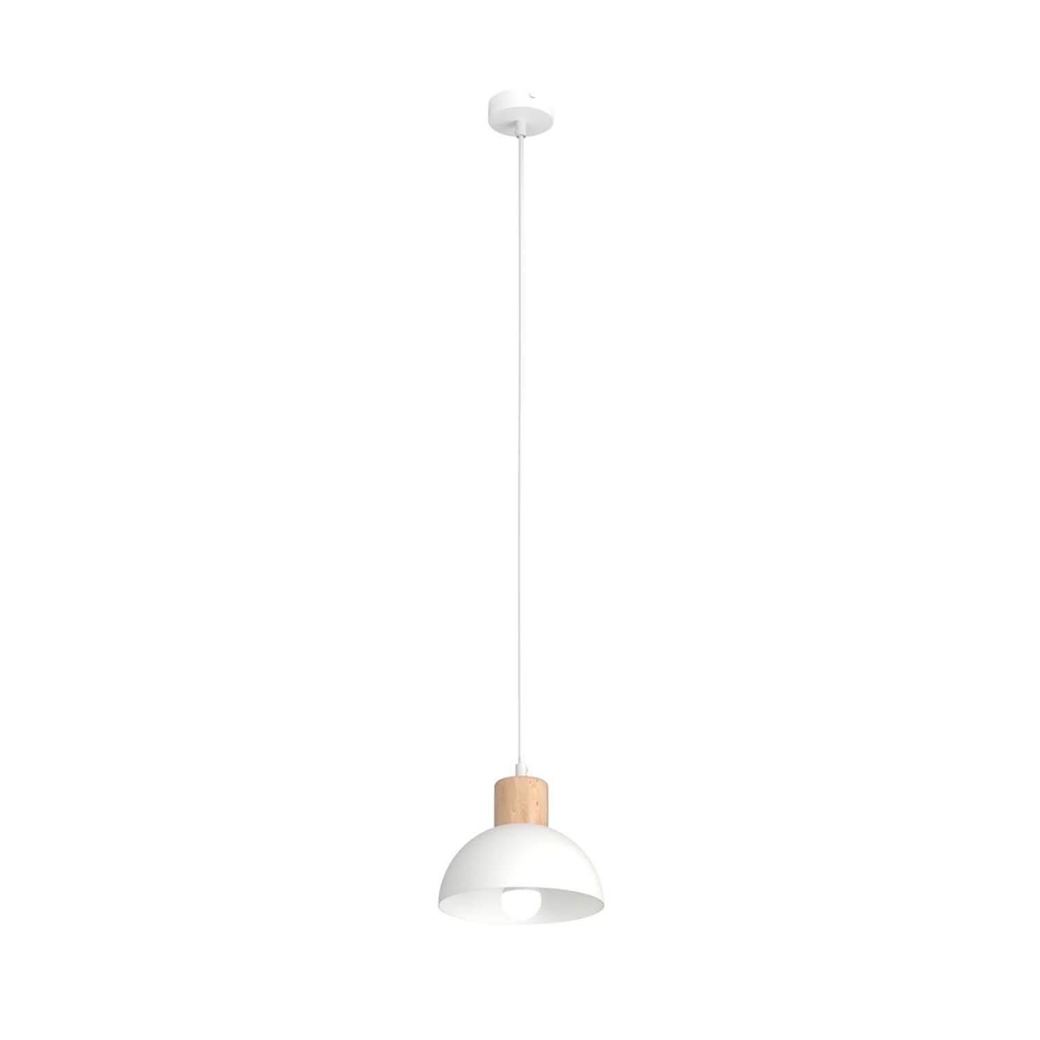Sospensione Nordica 1 Luce Thoth In Acciaio Bianco A Cupola E Legno Naturale