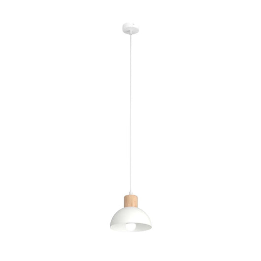 Sospensione Nordica 1 Luce Thoth In Acciaio Bianco A Cupola E Legno Naturale