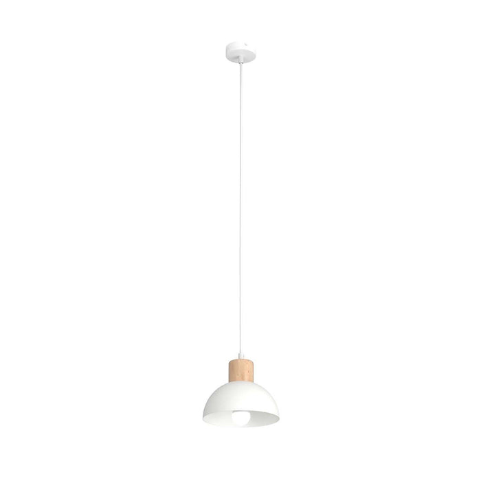 Sospensione Nordica 1 Luce Thoth In Acciaio Bianco A Cupola E Legno Naturale