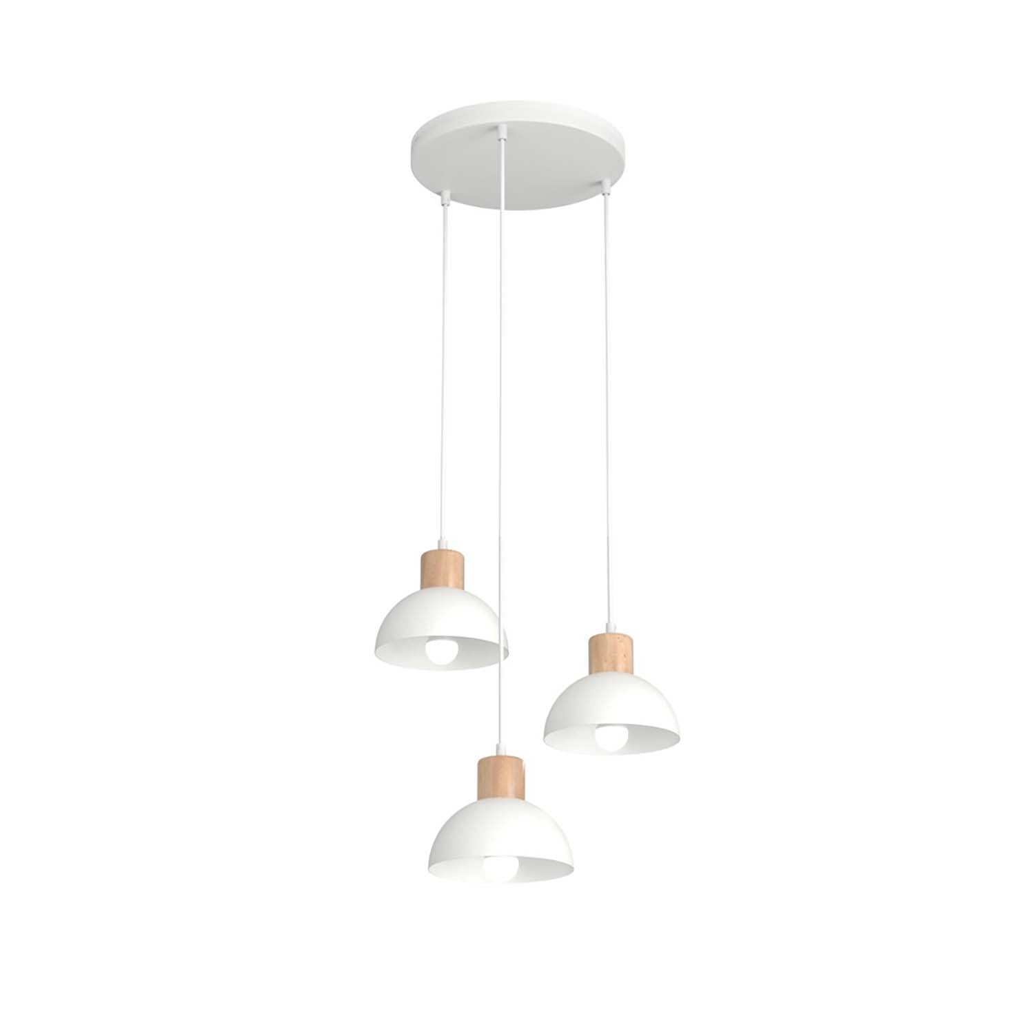 Sospensione Nordica 3 Luci Thoth Base Tonda In Acciaio Bianco E Legno Naturale