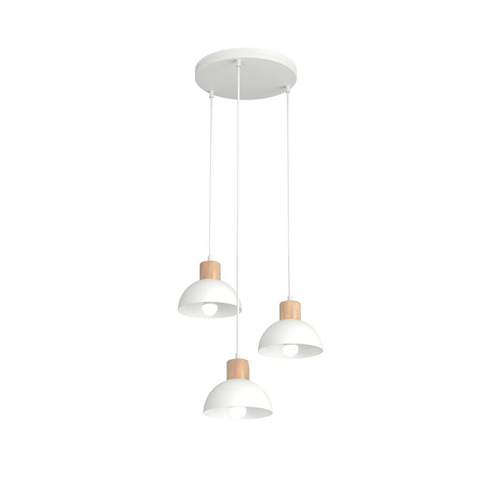 Sospensione Nordica 3 Luci Thoth Base Tonda In Acciaio Bianco E Legno Naturale