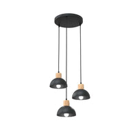 Sospensione Nordica 3 Luci Thoth Base Tonda In Acciaio Nero E Legno Naturale