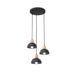 Sospensione Nordica 3 Luci Thoth Base Tonda In Acciaio Nero E Legno Naturale