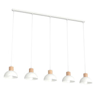 Sospensione Nordica 5 Luci Thoth In Acciaio Bianco A Cupola E Legno Naturale