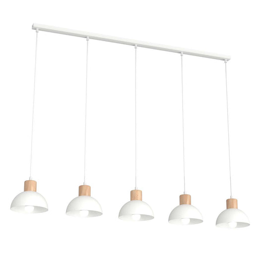 Sospensione Nordica 5 Luci Thoth In Acciaio Bianco A Cupola E Legno Naturale