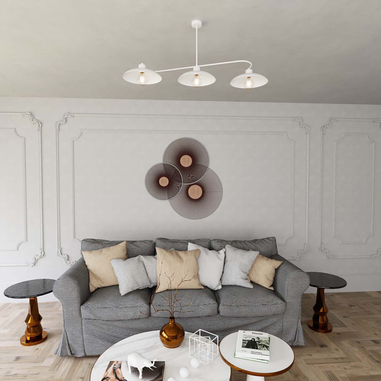 Lampadario Industrial 3 Luci Sekhmet In Acciaio Bianco E Diffusori A Cupola