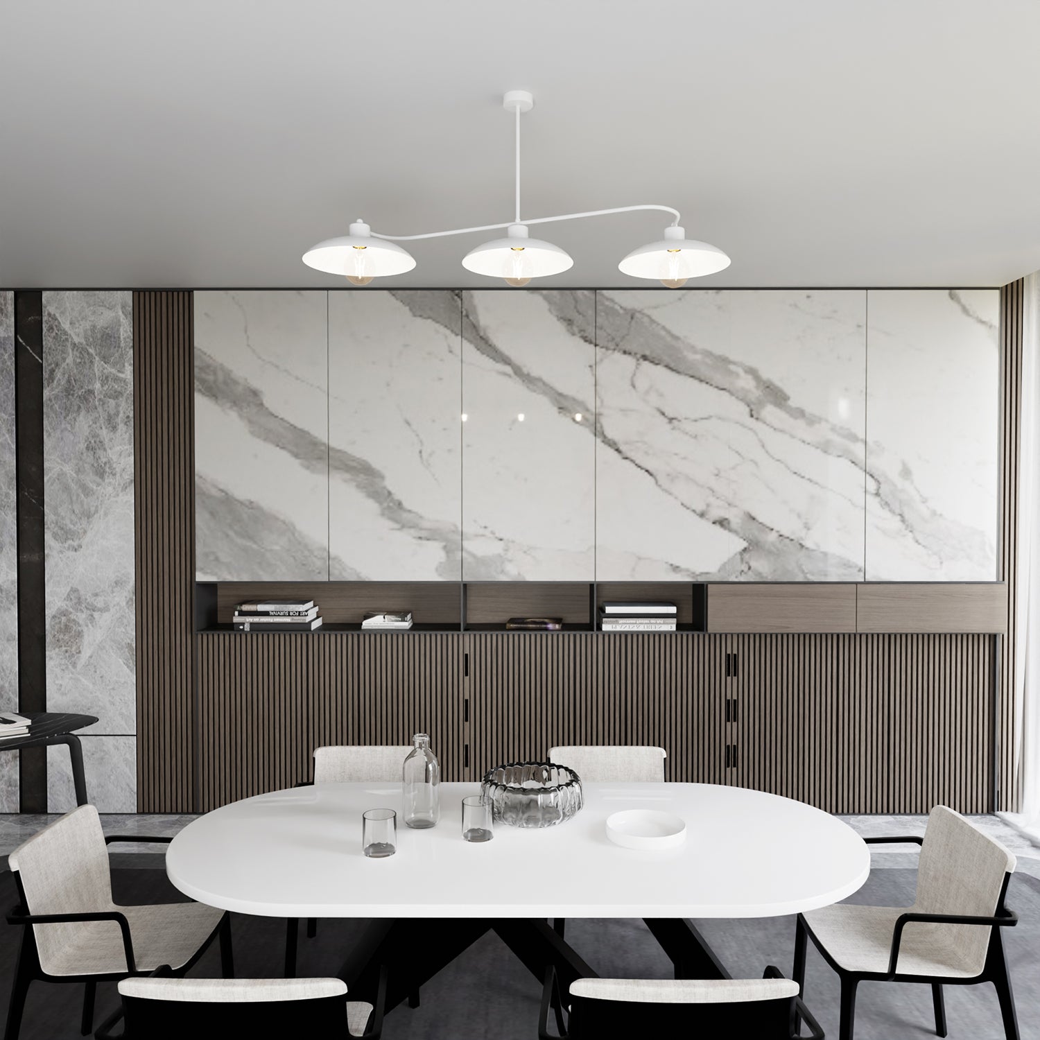 Lampadario Industrial 3 Luci Sekhmet In Acciaio Bianco E Diffusori A Cupola