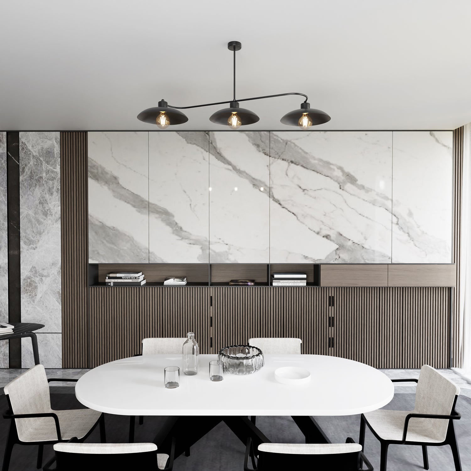 Lampadario Industrial 3 Luci Sekhmet In Acciaio Nero E Diffusori A Cupola