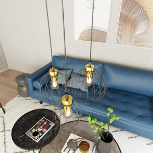 Sospensione Minimal Industrial Hathor 3 Luci Tonda Nera E Oro