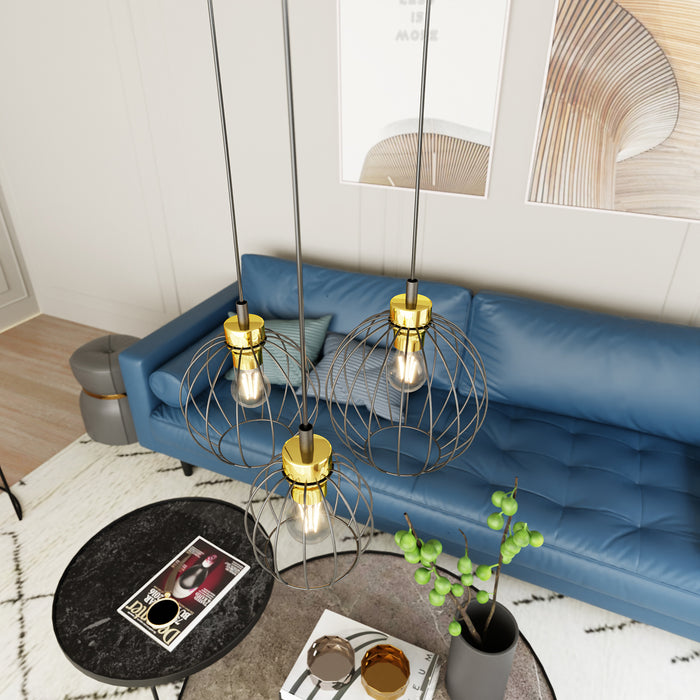 Sospensione Minimal Industrial Hathor 3 Luci Tonda Nera E Oro