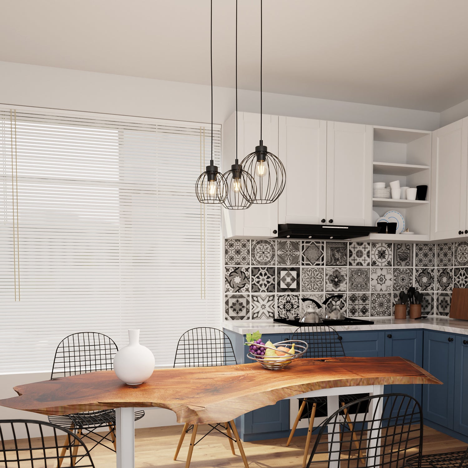 Sospensione Minimal Industrial Hathor 3 Luci Tonda Nera