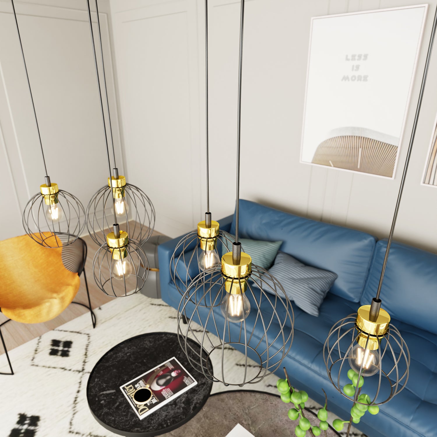 Sospensione Minimal Industrial Hathor 6 Luci Lineari Nera E Oro