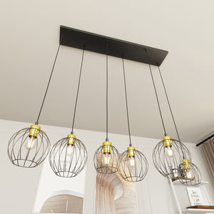 Sospensione Minimal Industrial Hathor 6 Luci Lineari Nera E Oro