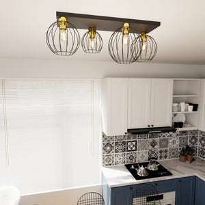 Plafoniera Minimal Industrial Geb 4 Luci Lineari Nera E Oro