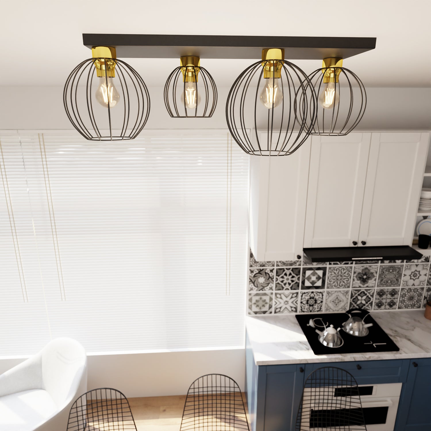 Plafoniera Minimal Industrial Geb 4 Luci Lineari Nera E Oro