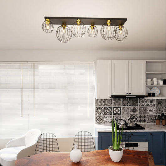 Plafoniera Minimal Industrial Geb 6 Luci Lineari Nera E Oro