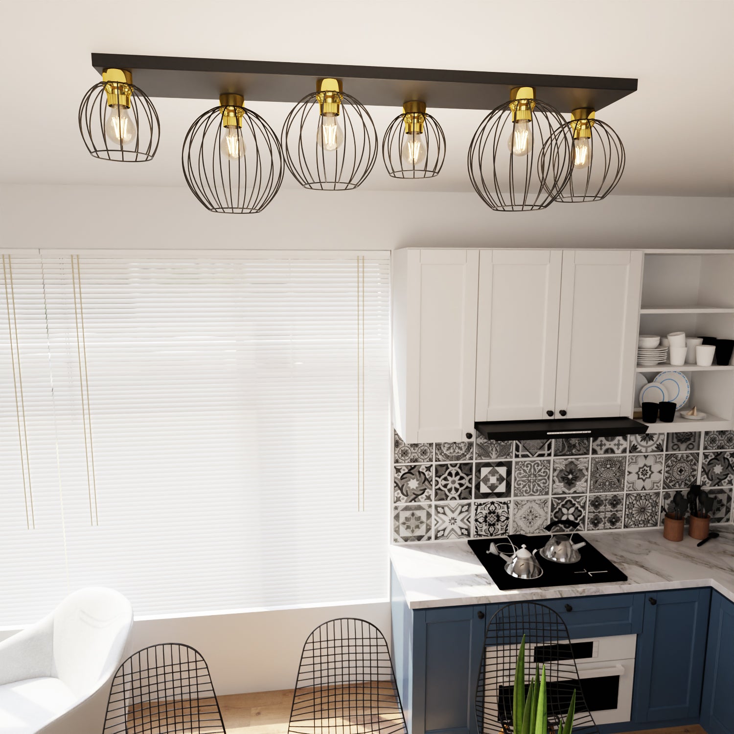 Plafoniera Minimal Industrial Geb 6 Luci Lineari Nera E Oro