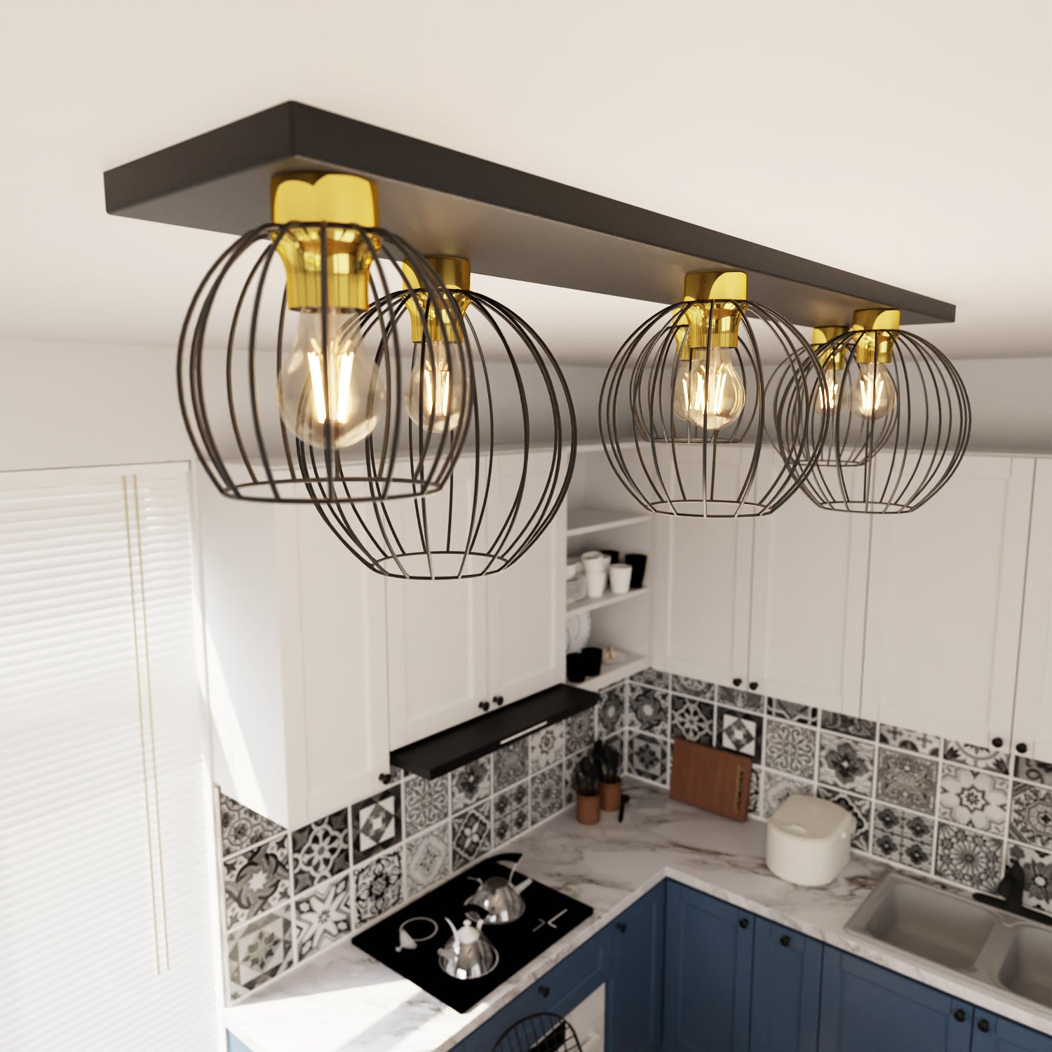 Plafoniera Minimal Industrial Geb 6 Luci Lineari Nera E Oro