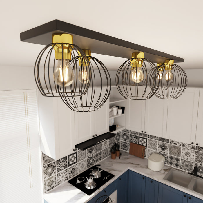 Plafoniera Minimal Industrial Geb 6 Luci Lineari Nera E Oro