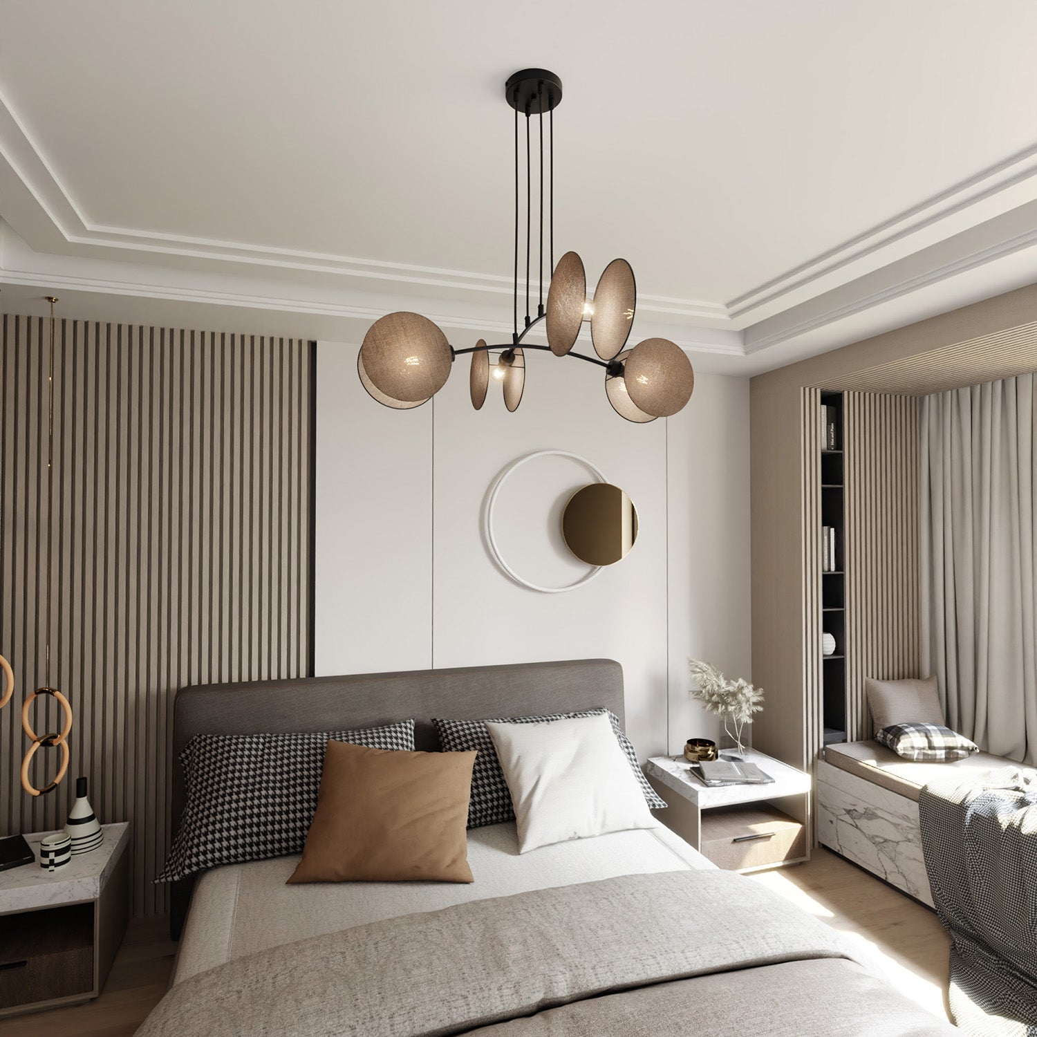 Lampada A Sospensione 4 Luci Moderna Nut In Acciaio Effetto Naturale