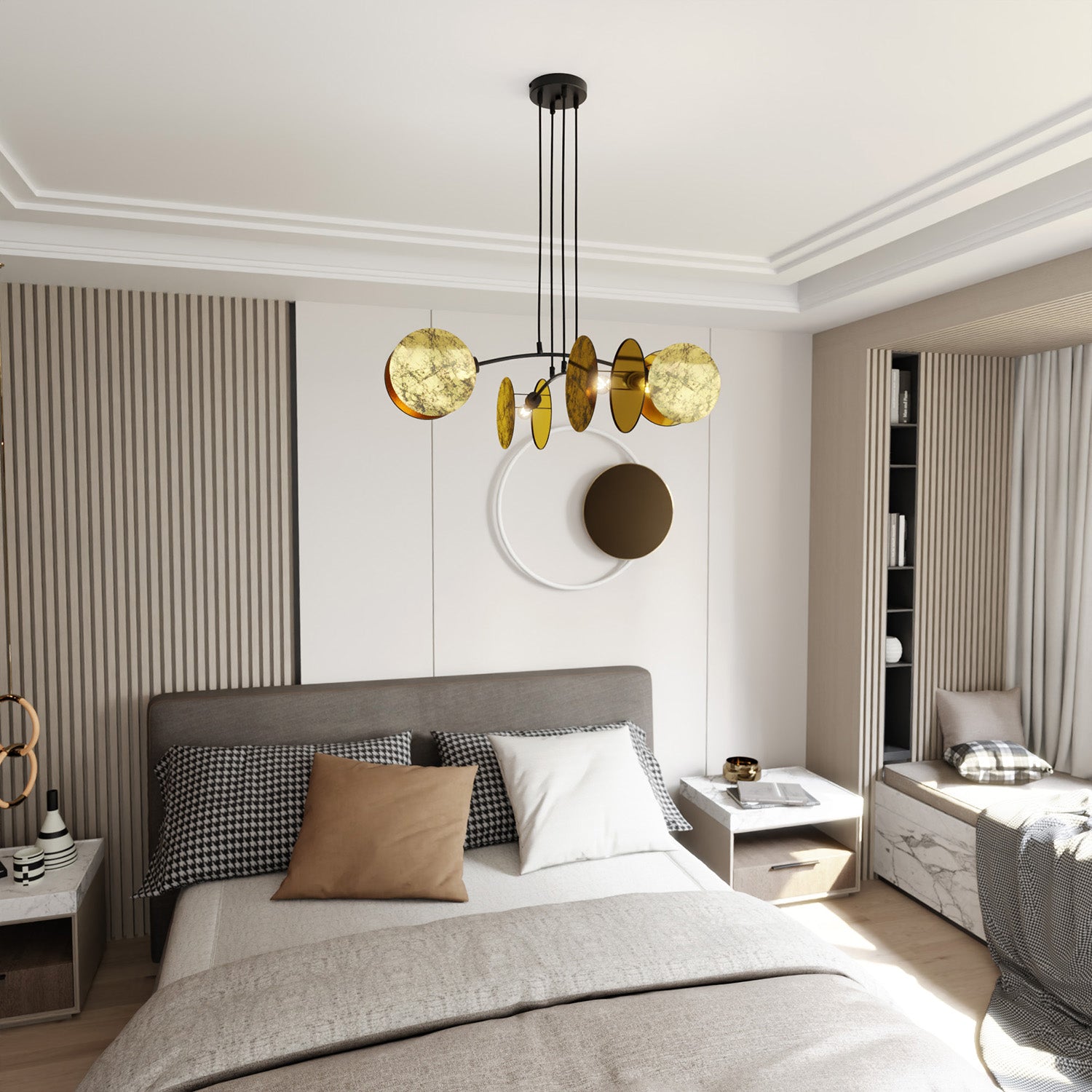 Lampada A Sospensione 4 Luci Moderna Nut In Acciaio Effetto Marmo Bianco