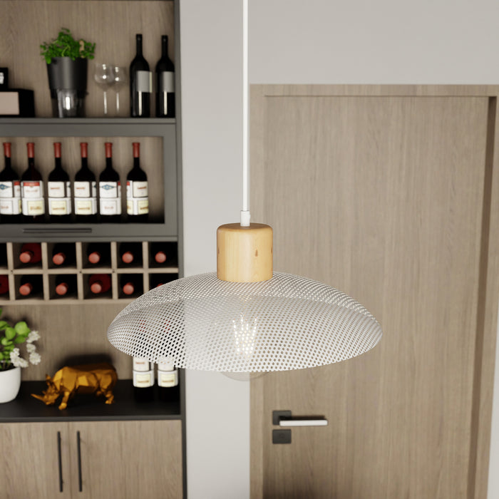 Sospensione Nordica Ishtar 1 Luce In Legno E Acciaio Bianco