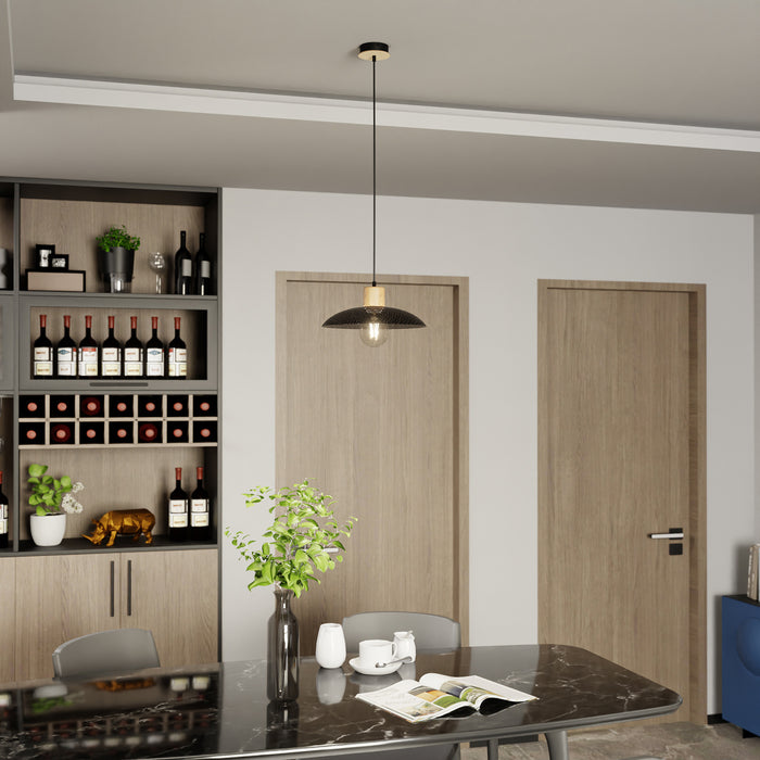 Sospensione Nordica Ishtar 1 Luce In Legno E Acciaio Nero